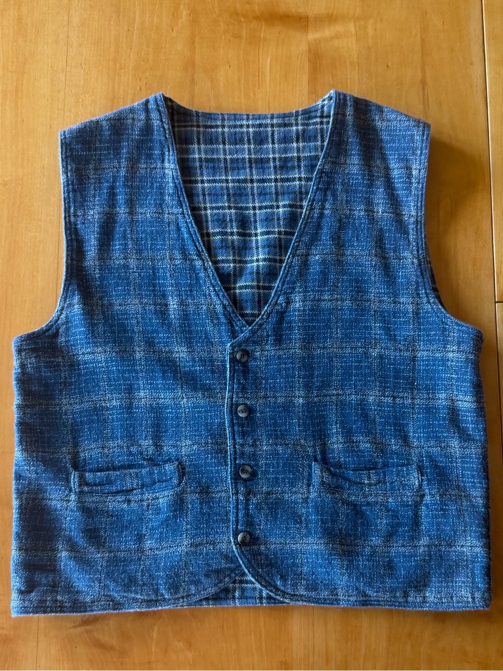 Blue Plaid Vintage Button-Front Reversible Vest